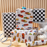 Race Car Reversible Wrapping Paper Roll - Gift Wrap With Black & White Checkered Flag On Reverse- Perfect For Holidays, Birthdays, Babay Shower And Christmas - 17.5 In X 33 Ft (48 Sq. Ft)