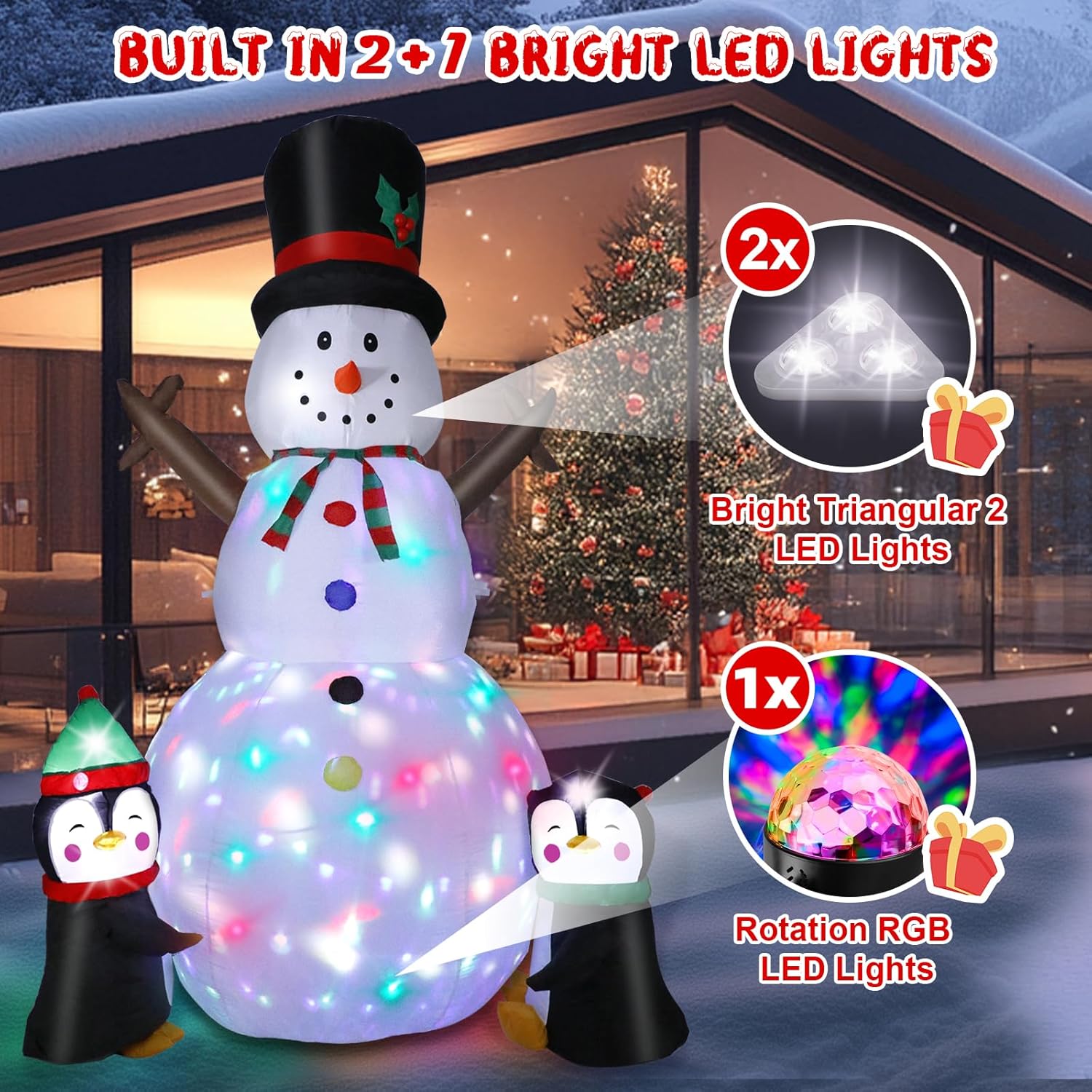 8Ft Christmas Inflatable Snowman Outdoor Decorations, Christmas Blow Up Snowman With Two Penguins Decoration, Built-In C