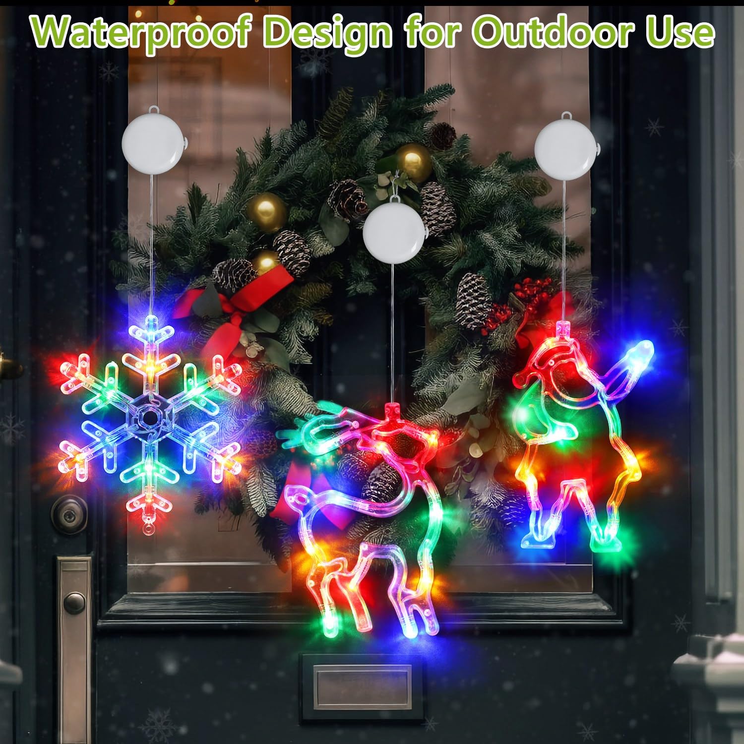 3Pcs Christmas Window Lights, Battery Powered Christmas Window Hanging Decorations Reindeer & Christmas Tree & Snowflake