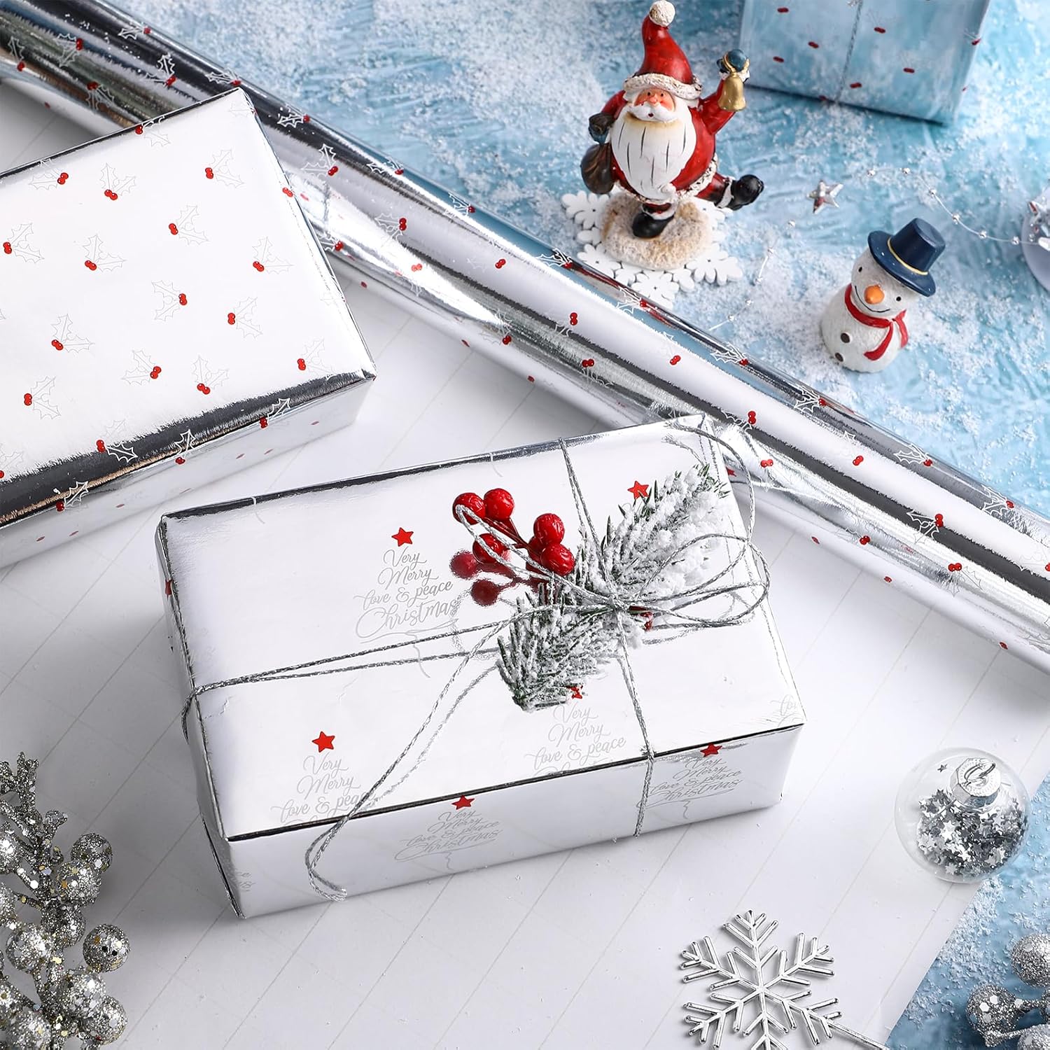 Christmas Wrapping Paper Roll With Metallic Foil Shine - Mini Roll - 17 Inches X 10 Feet Per Roll, Total Of 3 Rolls - Silver Christmas Elements
