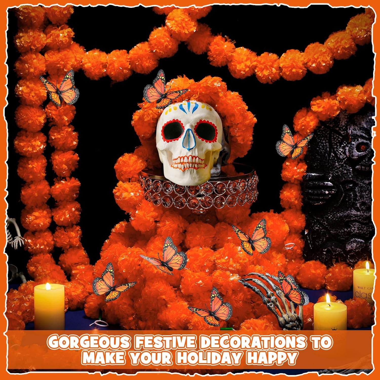 40 Pieces 5 Ft Day Of The Dead Marigold Garland Set Including 10 Pcs Long Orange Artificial Marigold Flowers And 30 Pcs Fake Butterfly Day Of The Dead Decorations For Wedding Party Decor