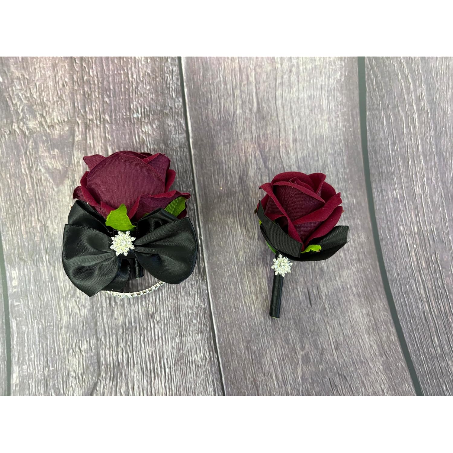 Ting & Cecilly Burgundy Rose Wrist Corsage Boutonniere Set Artificial Flower With Black Satin Ribbon Rhinestone Decor Handmade Silk Flower For Prom Wedding Party Suit Decor (Burgundy)