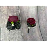 Ting & Cecilly Burgundy Rose Wrist Corsage Boutonniere Set Artificial Flower With Black Satin Ribbon Rhinestone Decor Handmade Silk Flower For Prom Wedding Party Suit Decor (Burgundy)