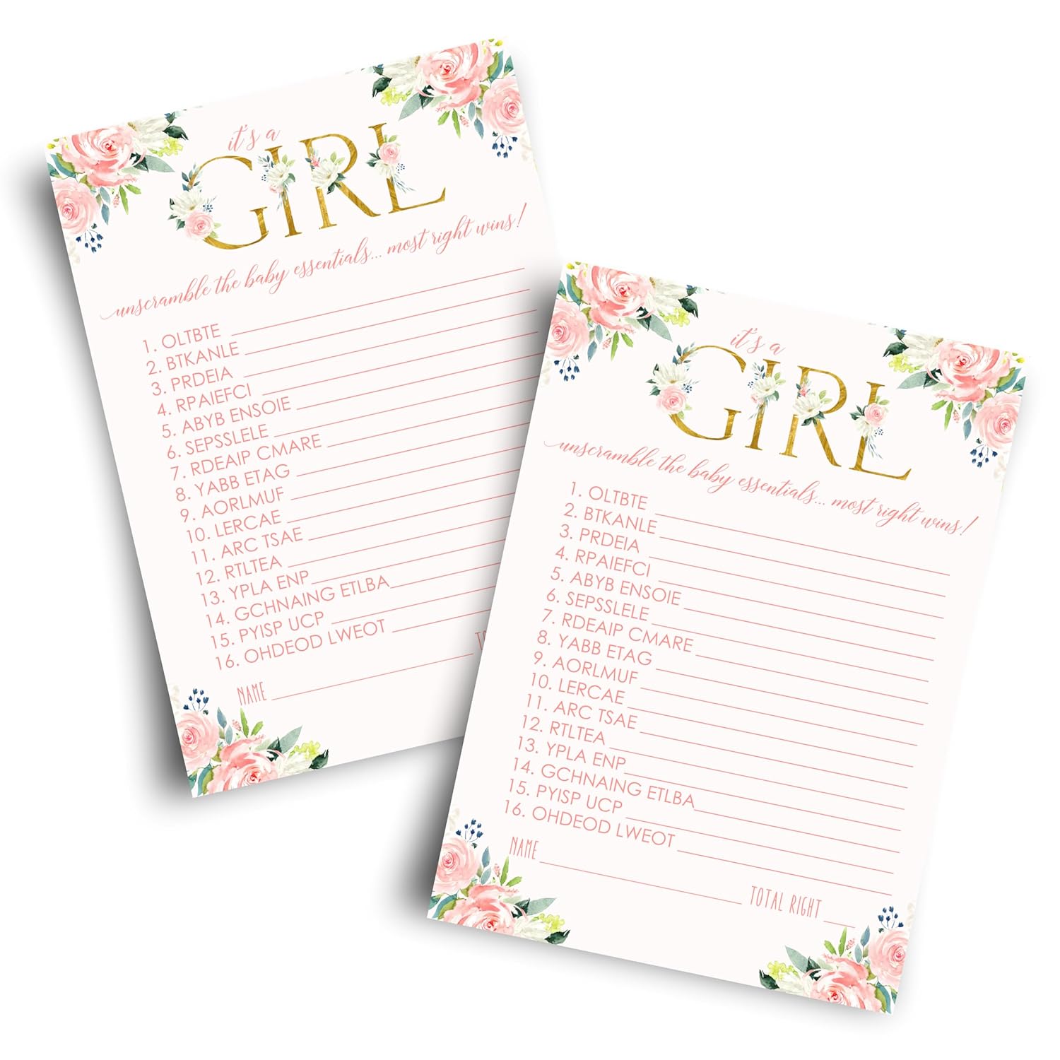 Oh Girl Baby Shower Games Rustic - Word Scramble Cards - 25 Pack - Fun Baby Shower Activities For Guests - Boho Floral Theme In Pink And Gold