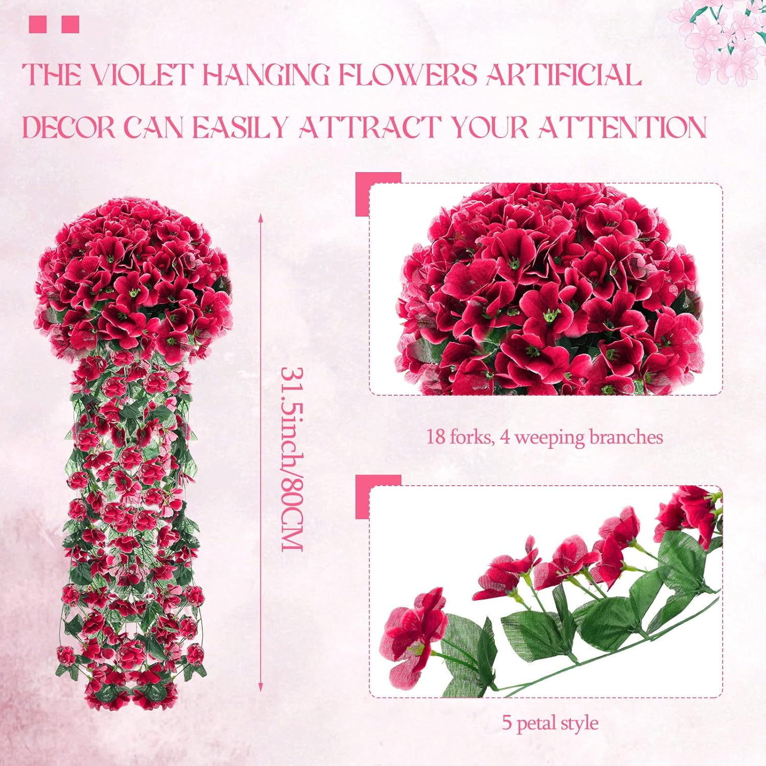 4 Pack Violet Hanging Flowers Artificial Decor 5 Petal Silk Violet Simulation Hanging Plant Faux Royal Artificial Orchid For Home Garden Wedding Indoor Outdoor(Rose Red)