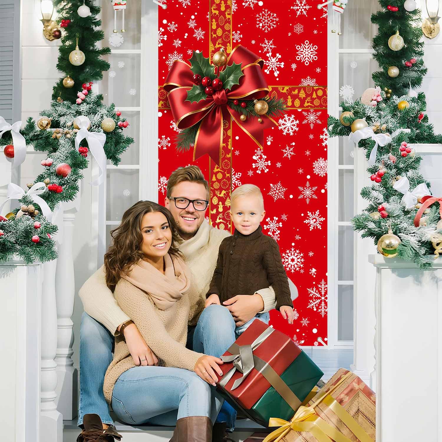 Christmas Door Cover Merry Christmas Decorations Red Gift Box Snowflake Photography Backdrop For Home Wall Outdoor Indoor Front Door Banner Party Supplie, 70.8X35.4 Inch