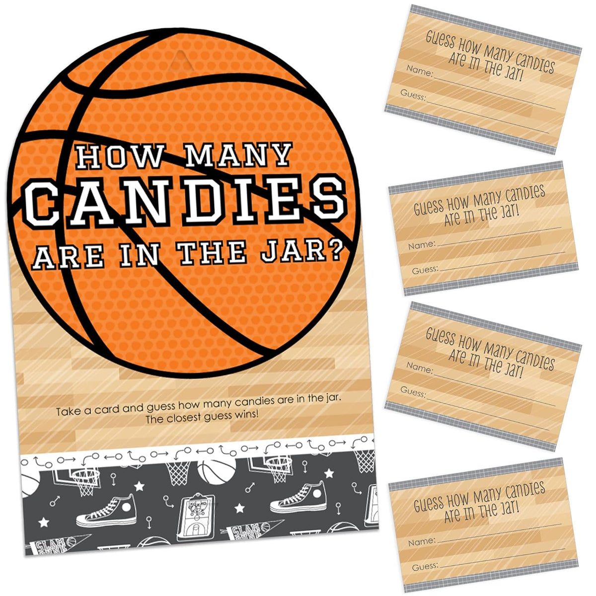 Big Dot of Happiness Nothin’ but Net - Basketball - How Many Candies Baby Shower or Birthday Party Game - 1 Stand and 40 Cards - Candy Guessing Game