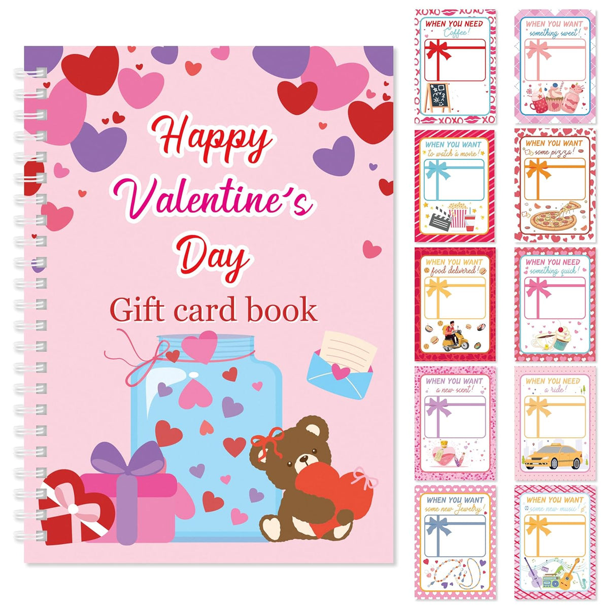 Valentine’S Day Gift Card Book - 24 Page Filled Love Spiral Bound Booklet Organizer With Protective Pvc Card Holders Sticky Dots, Creative Gift For Her, Family, Girlfriend, 5X7 Inches