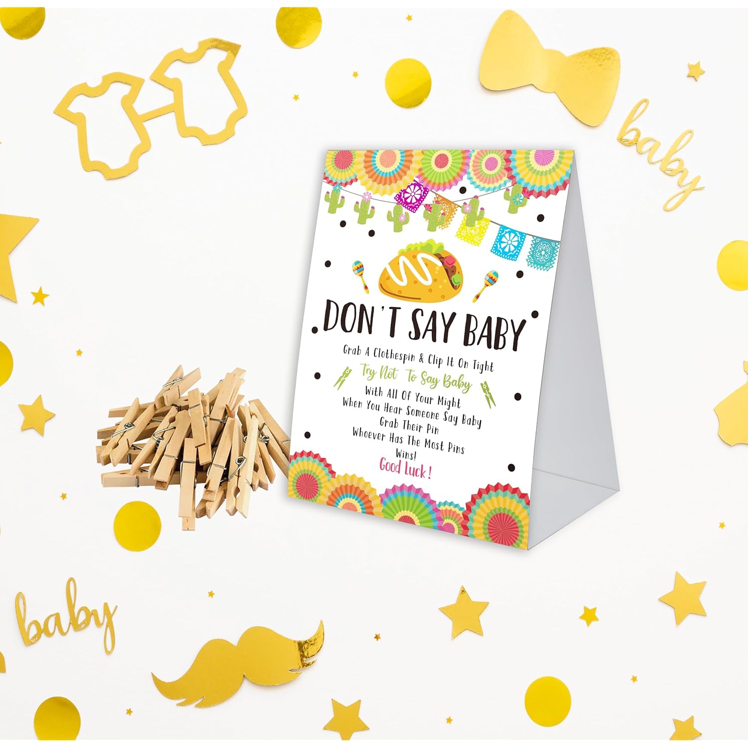 Don'T Say Baby Game For Baby Shower, 50 Wooden Clothespins And One Sign, Fiesta Taco Theme, Pins For Baby Shower Decorations, Gender Reveal Games, Baby Shower Supplies-Bb16