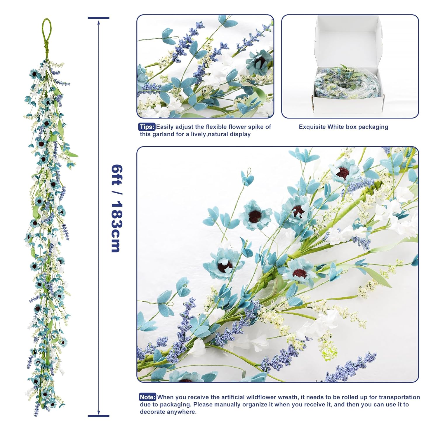 6Ft Blue Flower Garland Fake Flowers Vines Faux Artificial Floral Garland Summer Spring Wreath Blueness With Green Leaves Wreaths Blue Daisy Artificial Grains Flower Wreath For Front Door Wreaths