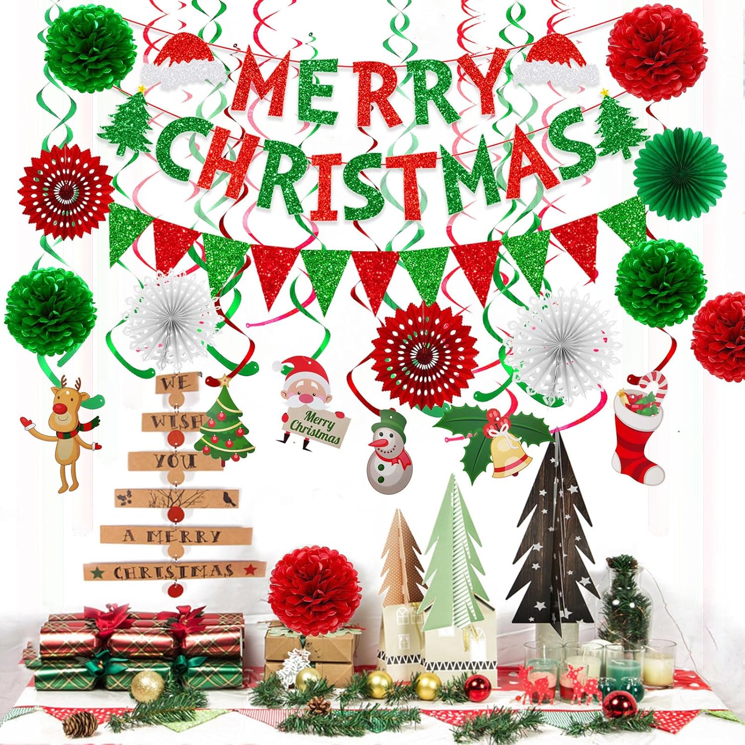 Merry Christmas Paper Banner Triangle Flag Bunting Pom Poms Paper Flower Fan Swirls Streamers Christmas Tree Stocking Bell Santa Claus Garland For Party Decoration