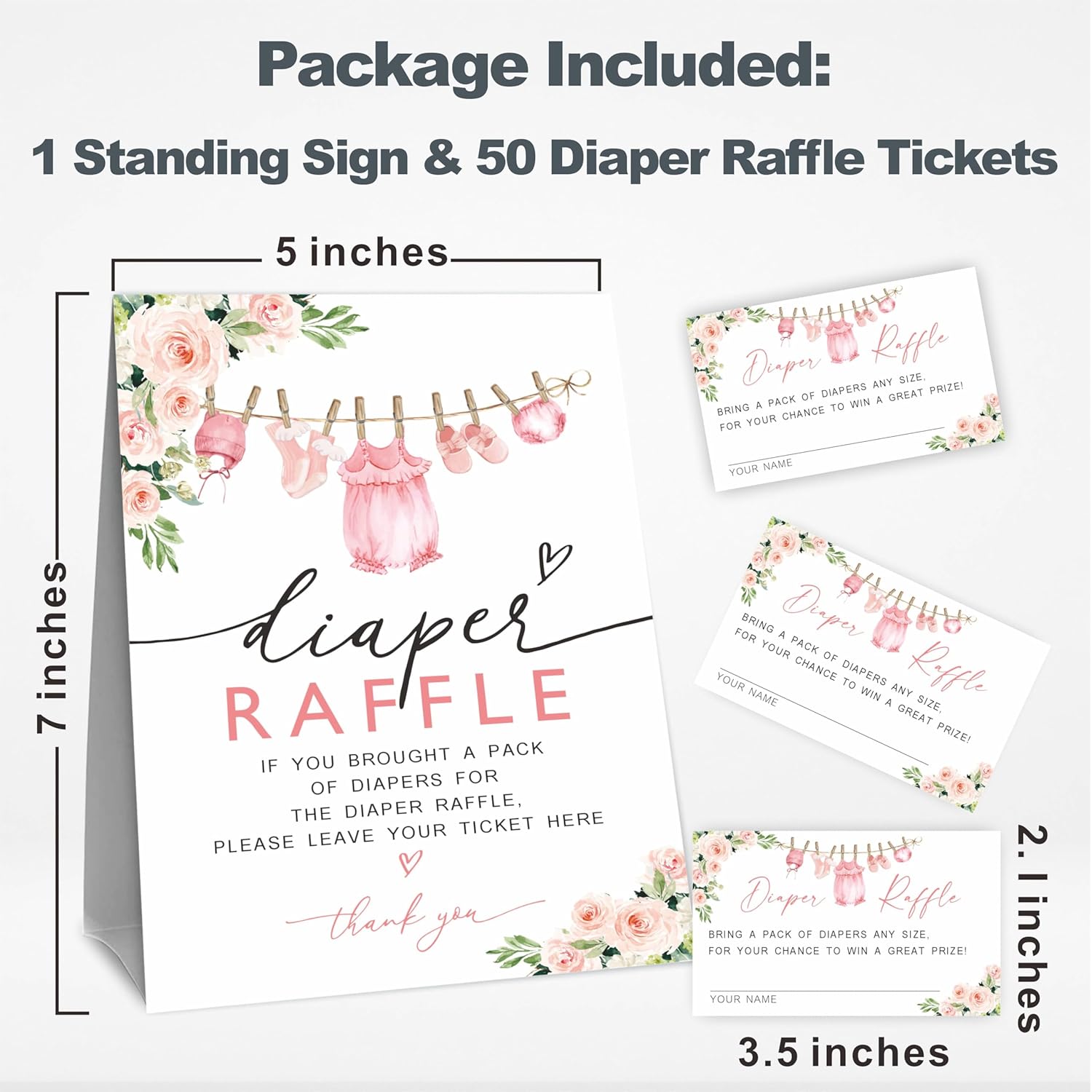 Baby Girl Diaper Raffle Game Kit For Baby Shower, Baby Blush Floral - 1 Standing Sign & 50 Tickets, Decorations For Baby Shower, Gender Reveal, Baby Announcement, Party Favor & Supplies - A07