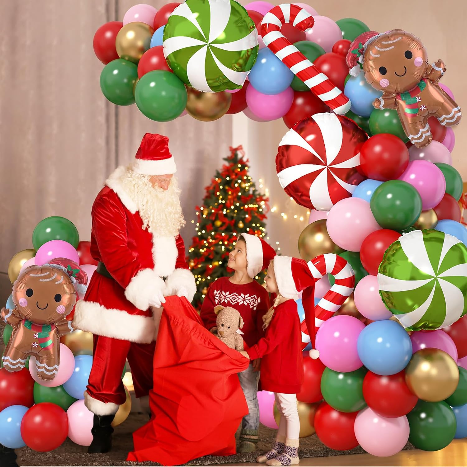 Christmas Balloons Garland Arch Kit 113Pcs Xmas Balloon Arch Pink Blue Red Green Gold With Gingerbread Man Candy Cane Foil Balloons For New Year Gender Reveal Gingerbread House Party Decorations