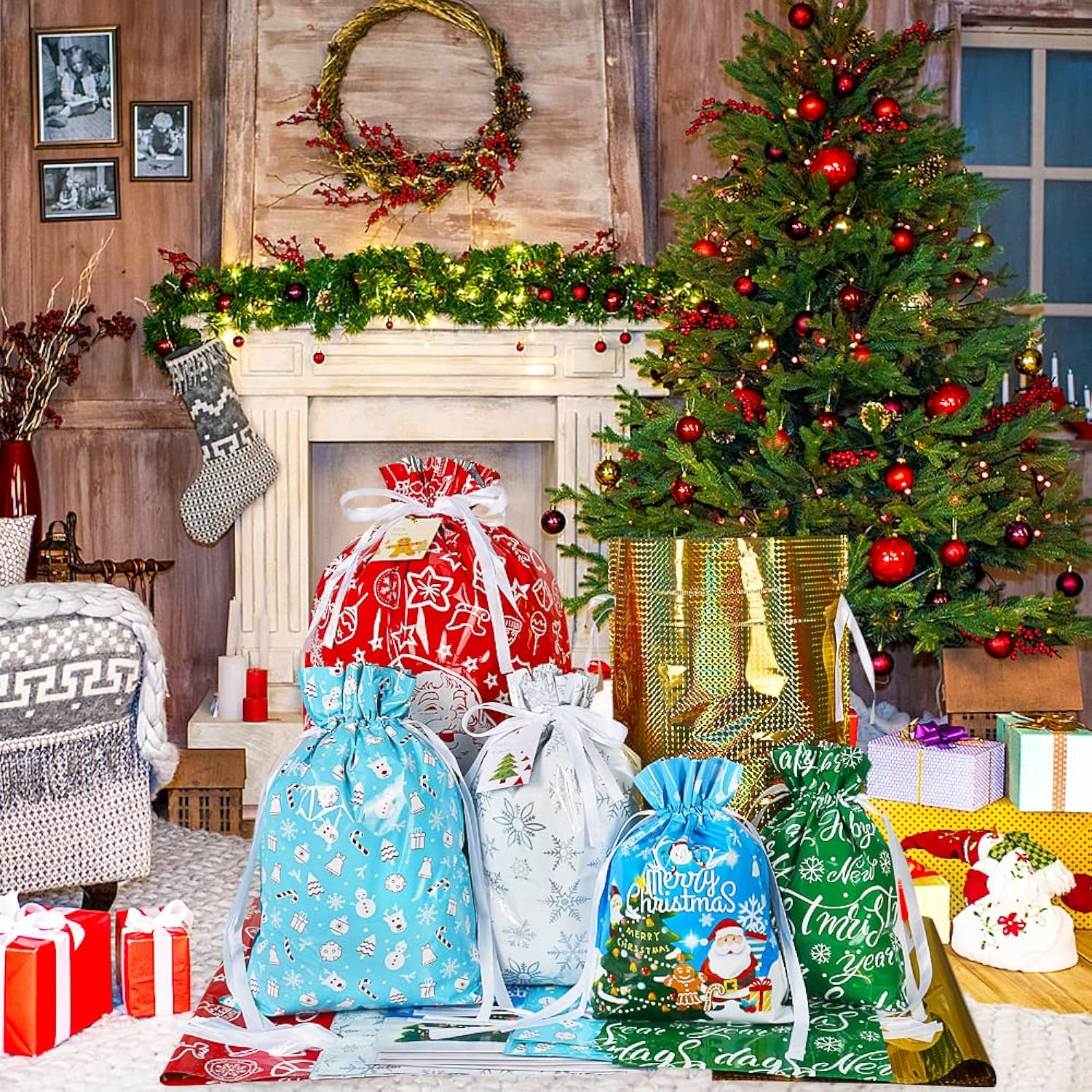 Christmas Drawstring Gift Bags Assorted Sizes,30Pcs Wrapping Bags Christmas Gift Sacks Xmas Goodie Bags For Birthday Holiday Party Favor