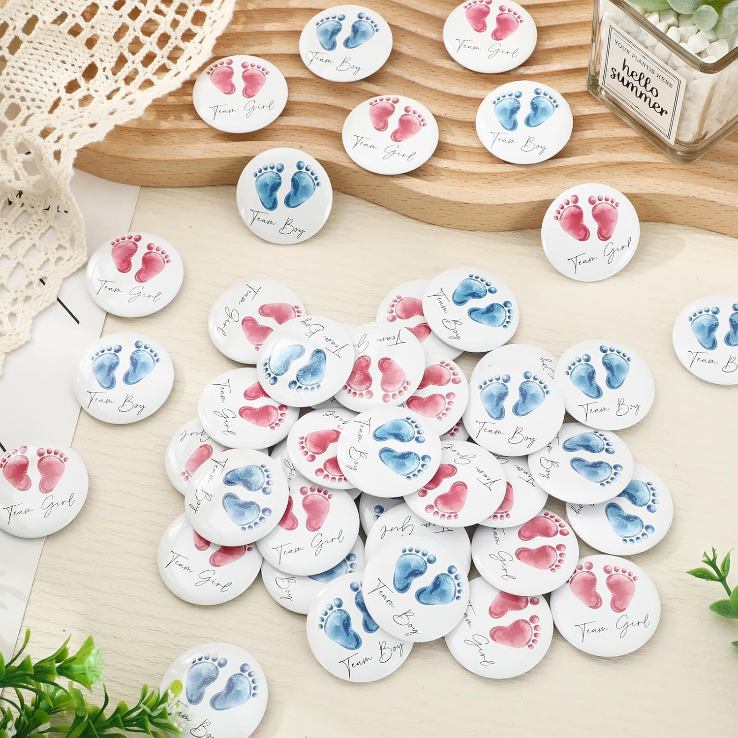 50Pcs Gender Reveal Button Pins Pink Blue Footprints Team Girl Boy Button Badges For Baby Shower Party Game Supplies