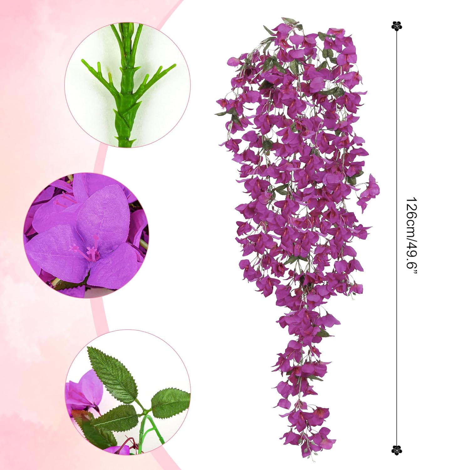 2 Pcs Bougainvillea Artificial Hanging Flowers Bouquet 49.6In Faux Triangle Plum Blooming Bugambilias Plants For Home Garden Party Indoor Outdoor Wedding Arrangement Decoration (Pure Purple)