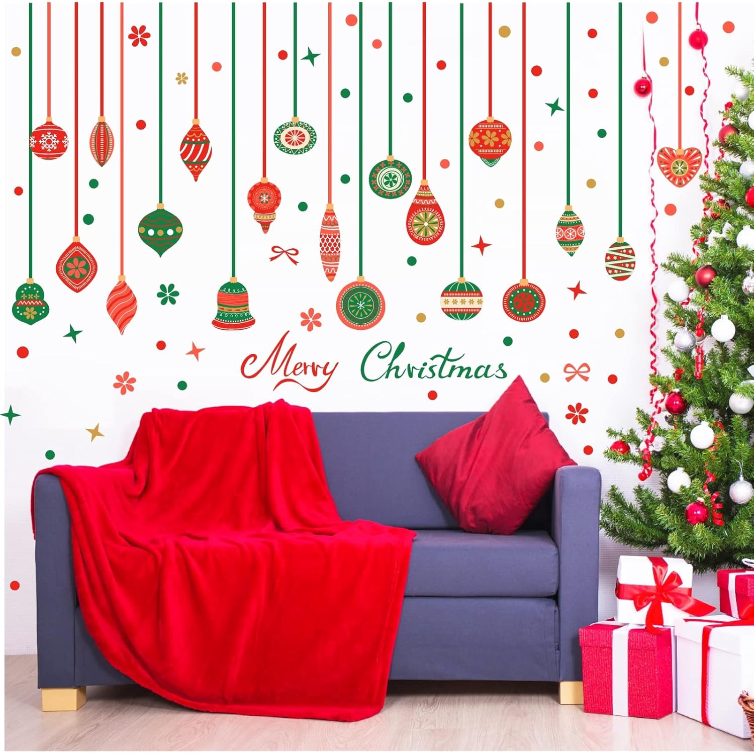 Christmas Bell Wall Stickers Removable Large Xmas Ornament Wall Decals Peel And Stick Merry Christmas Wall Decals Xmas Holiday Wall Stickers Winter Holiday Party Supplies Decorations