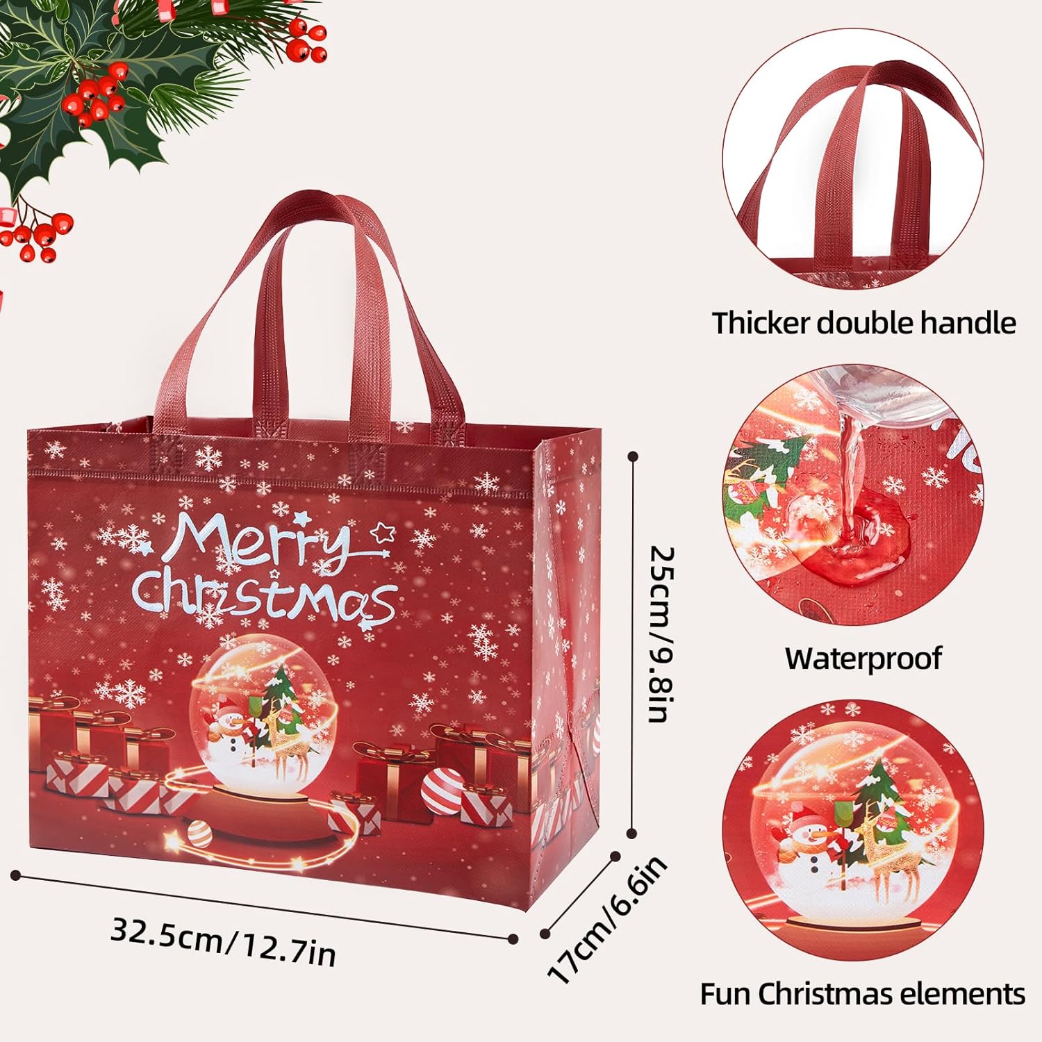 8 Pack Christmas Gift Bags With Handles, Large Non-Woven Tote Bags For Wrapping Xmas Party Favors, 12.8"X9.8"X6.7