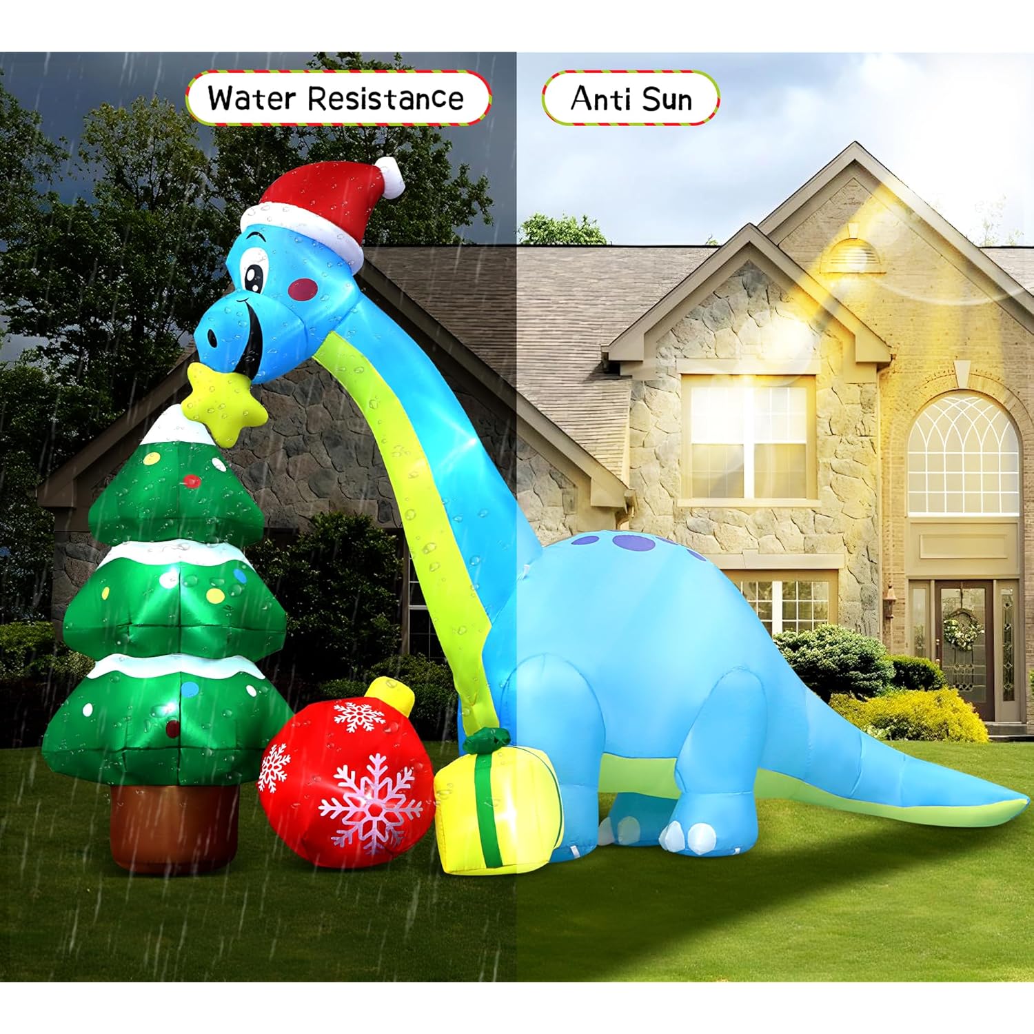 13.6 Ft Long Christmas Inflatable Decorations, Huge Xmas Inflatable Dragon Dinosaur With Trees Gift Hats Decors Built-In