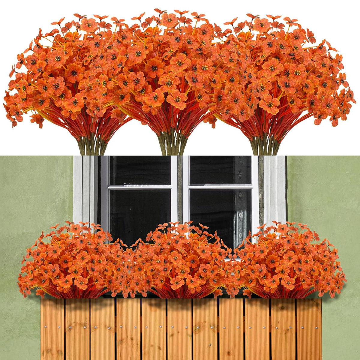 15 Bundles Artificial Flowers Outdoor Uv Resistant Fake Silk Plants Plastic Faux Shrubs Outside Front Porch Window Box Garden Home Hanging Planter Decoration (Autumn Orange)
