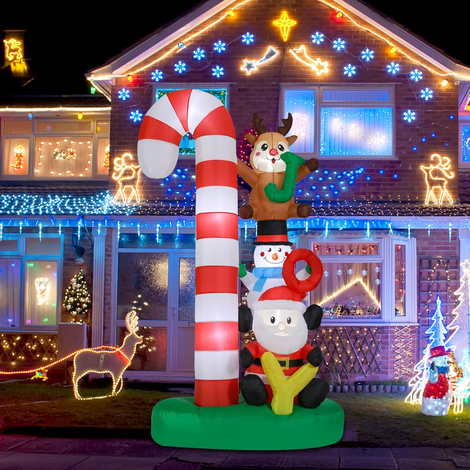 Christmas Inflatables Outdoor Decoration 8 Ft Santa Claus Joy Reindeer Snowman Candy Cane Inflatable With Led Light Chri
