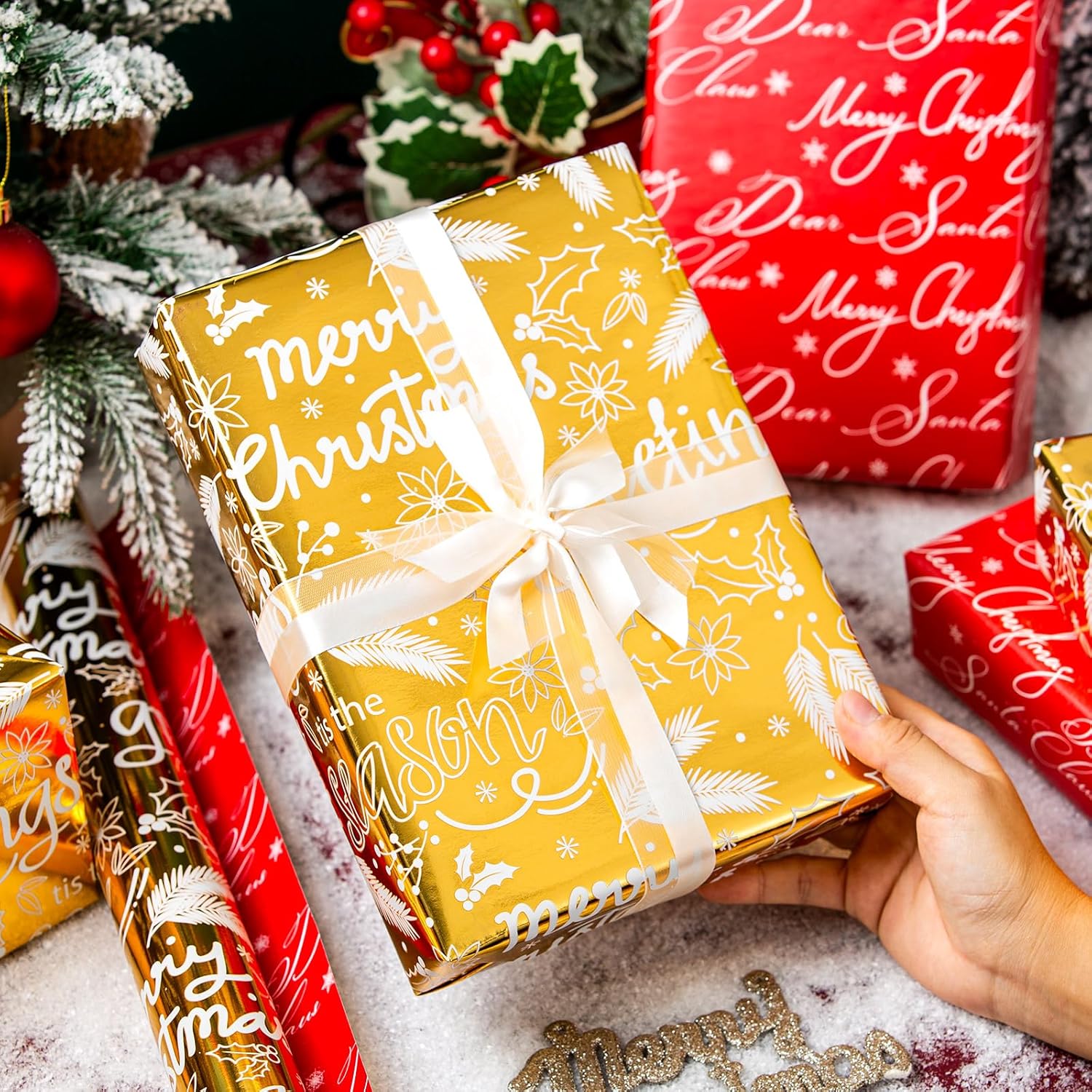 Reversible Christmas Wrapping Paper Roll, Gold Wrapping Paper, Metallic Foil Shiny Modern Script, Holly, Merry Christmas Gift Wrap For Holiday, Party, Winter Celebrations (17 Inch X 33 Feet)