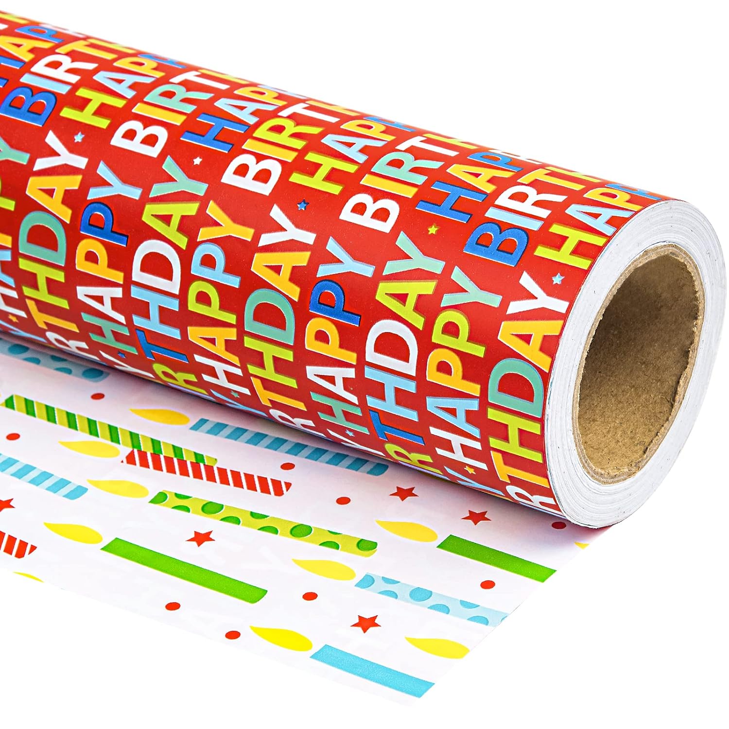 Reversible Birthday Wrapping Paper - Mini Roll - 17 Inch X 33 Feet - Happy Birthday Lettering On Red Design For Holiday, Party, Baby Shower