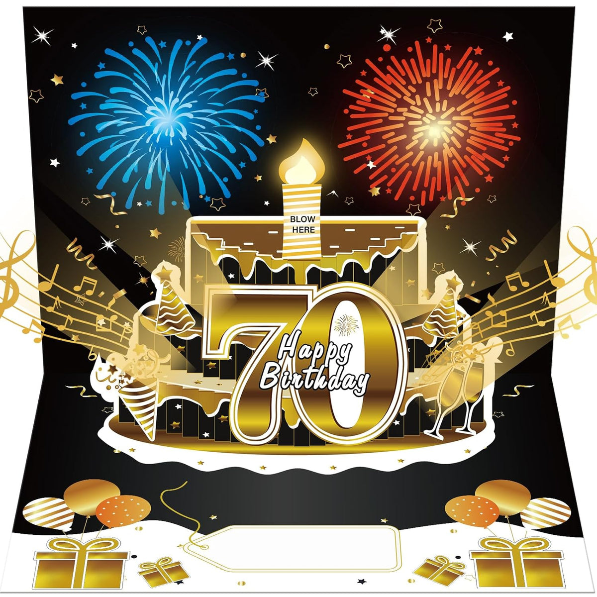 70Th Birthday Cards Pop Up 3D Cake - Firework & Music & Blow Out Candle Light Funny Happy 70 Black Gold Birthday Card Gifts For Men, Women, Friends, Boyfriend, Dad, Mom, Husband, Wife
