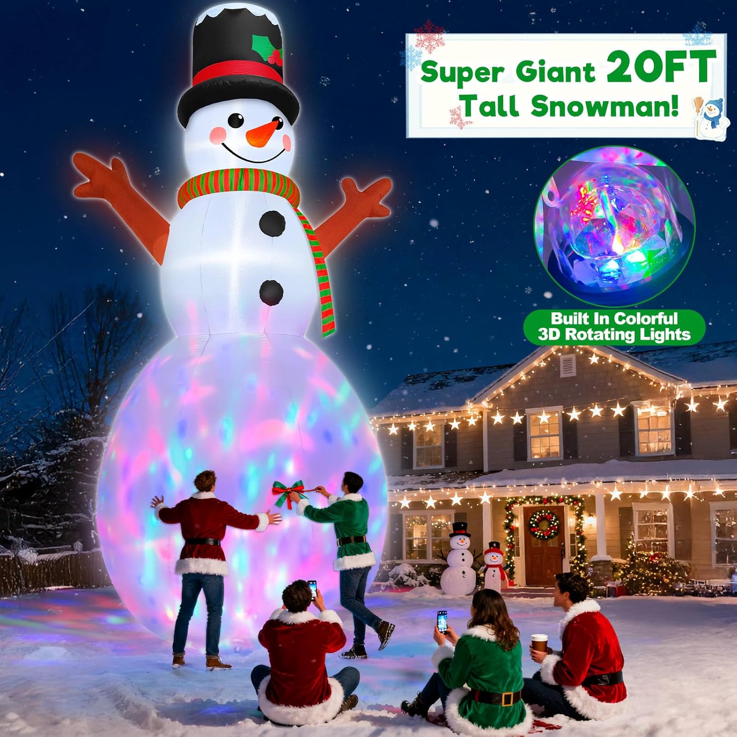 20Ft Giant Christmas Inflatable Snowman With Colorful 3D Rotating Lights, Outdoor Blow Up Christmas Decorations, Huge Sn