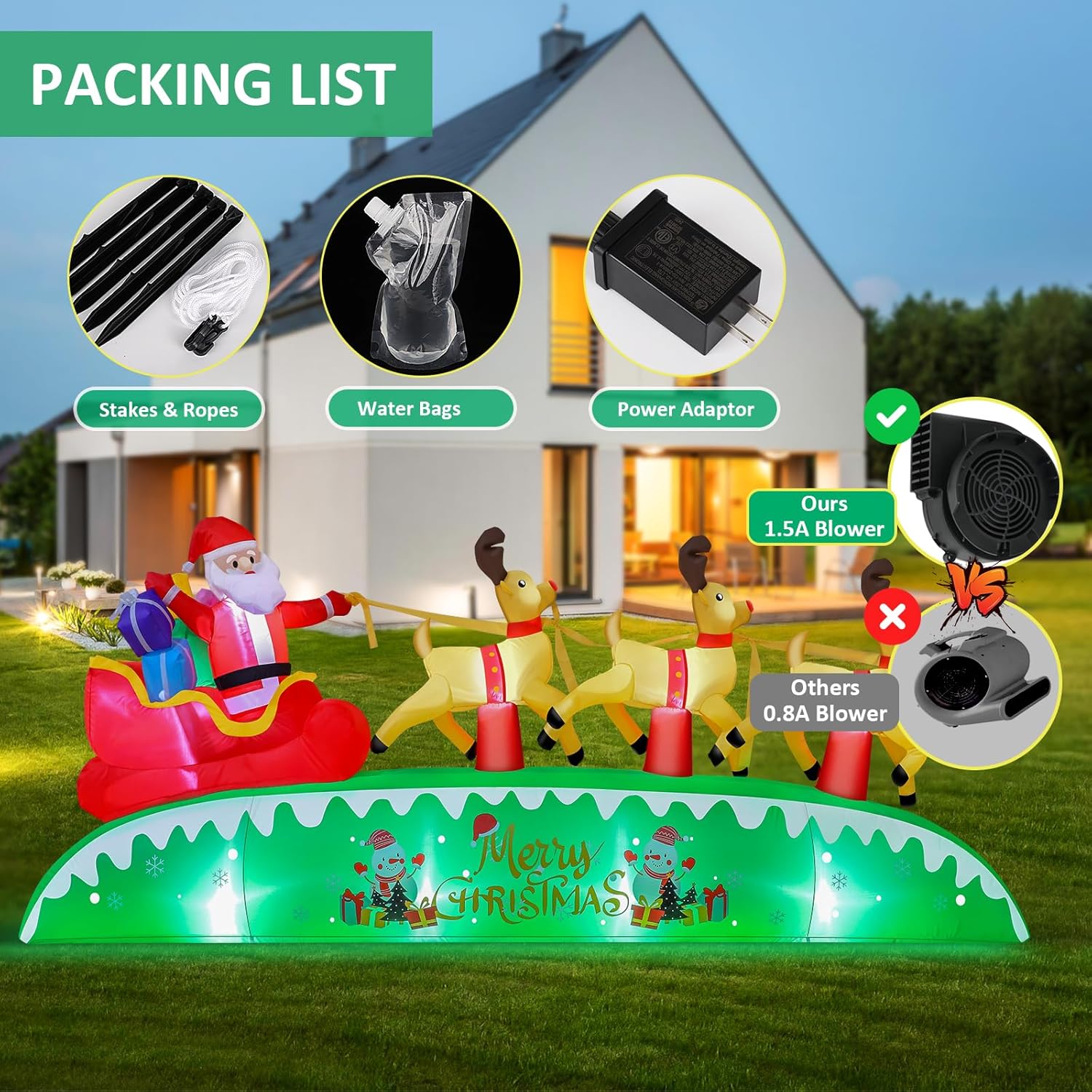 12Ft Long Christmas Inflatables Outdoor Decorations, Santa Sleigh And Reindeer Blow Up Yard Decorations With Built-In Su