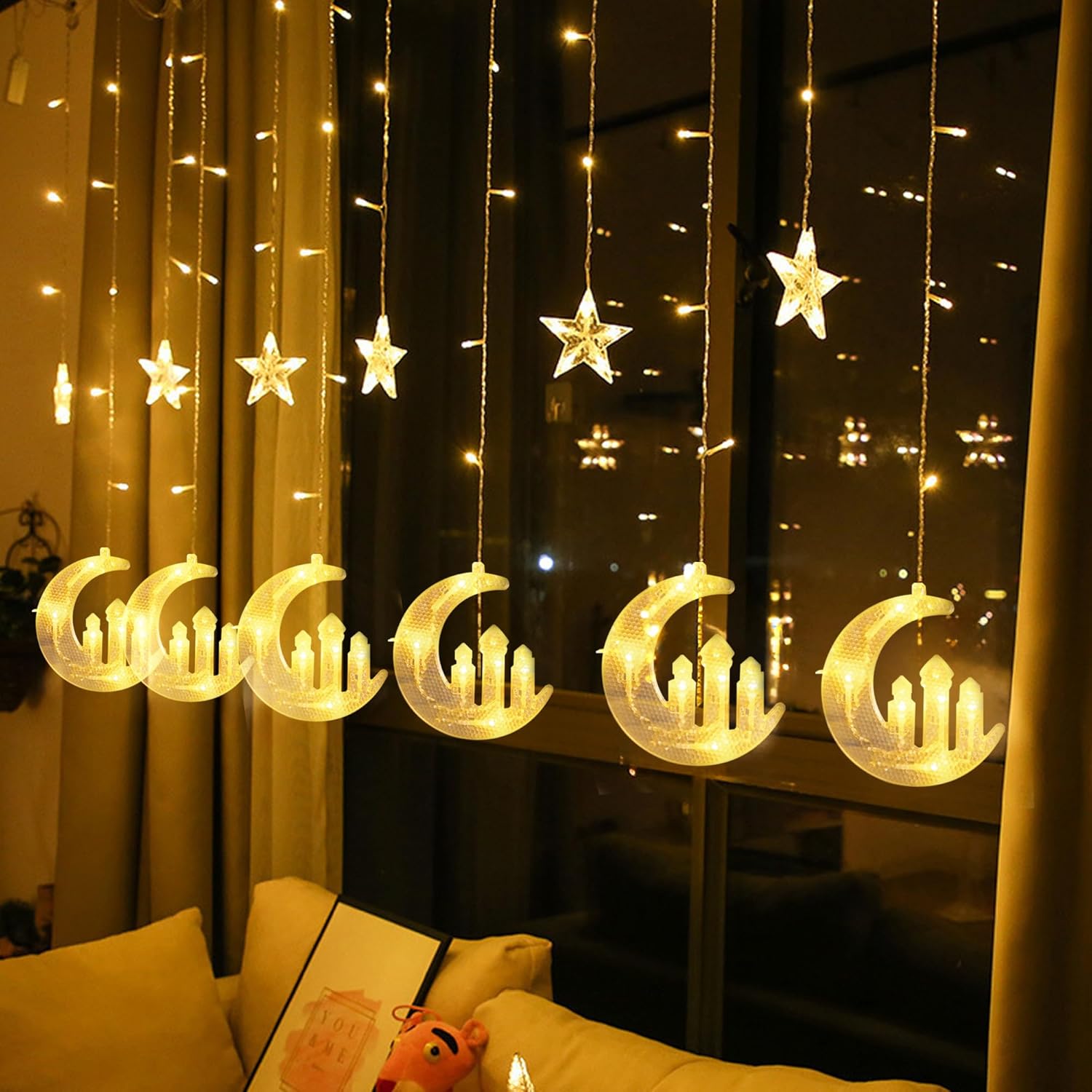 Moon Star And Fairy Tale Castle String Lights, 138 Led Muslim Curtain Fairy String Lights, 8 Lighting Modes For Home Hol