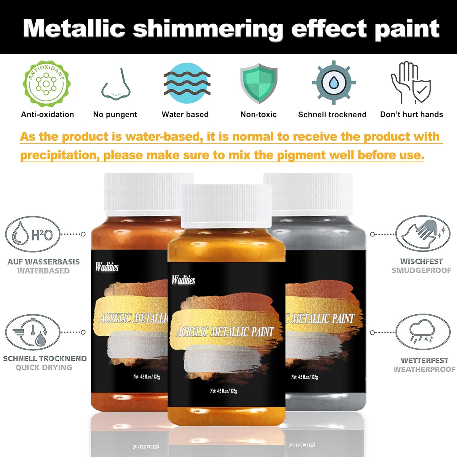 Acrylic Paint Metallic, 3Pcs 13.5Oz(375G) Gold & Silver & Bronze, Gold Leaf Paint For Art Painting, Ideal For Canvas, Wood, Clay, Fabric, Ceramic, Stone, Glass Craft Supplies