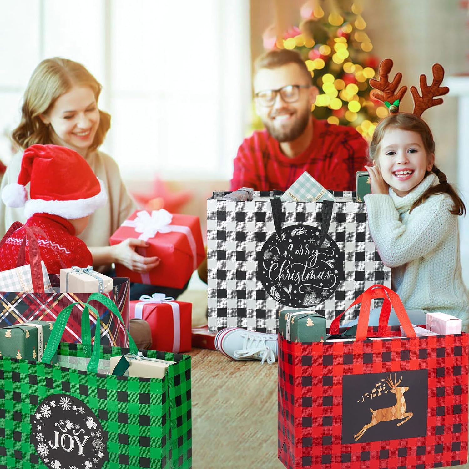 12Pcs Extra Large Christmas Gift Bags, 16.9 * 12.6 * 7.1”, Reusable Tote Bags With Handle Non-Woven Christmas Bags For Gifts Wrapping Xmas Holiday