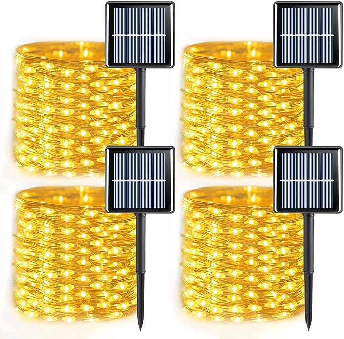 4 Pack Solar Fairy String Lights 33FT 100 LED Warm White Outdoor Waterproof Twinkle Lights with 8 Lighting Modes Silver Wire Decorative Lights for Garden Patio Holiday Decor