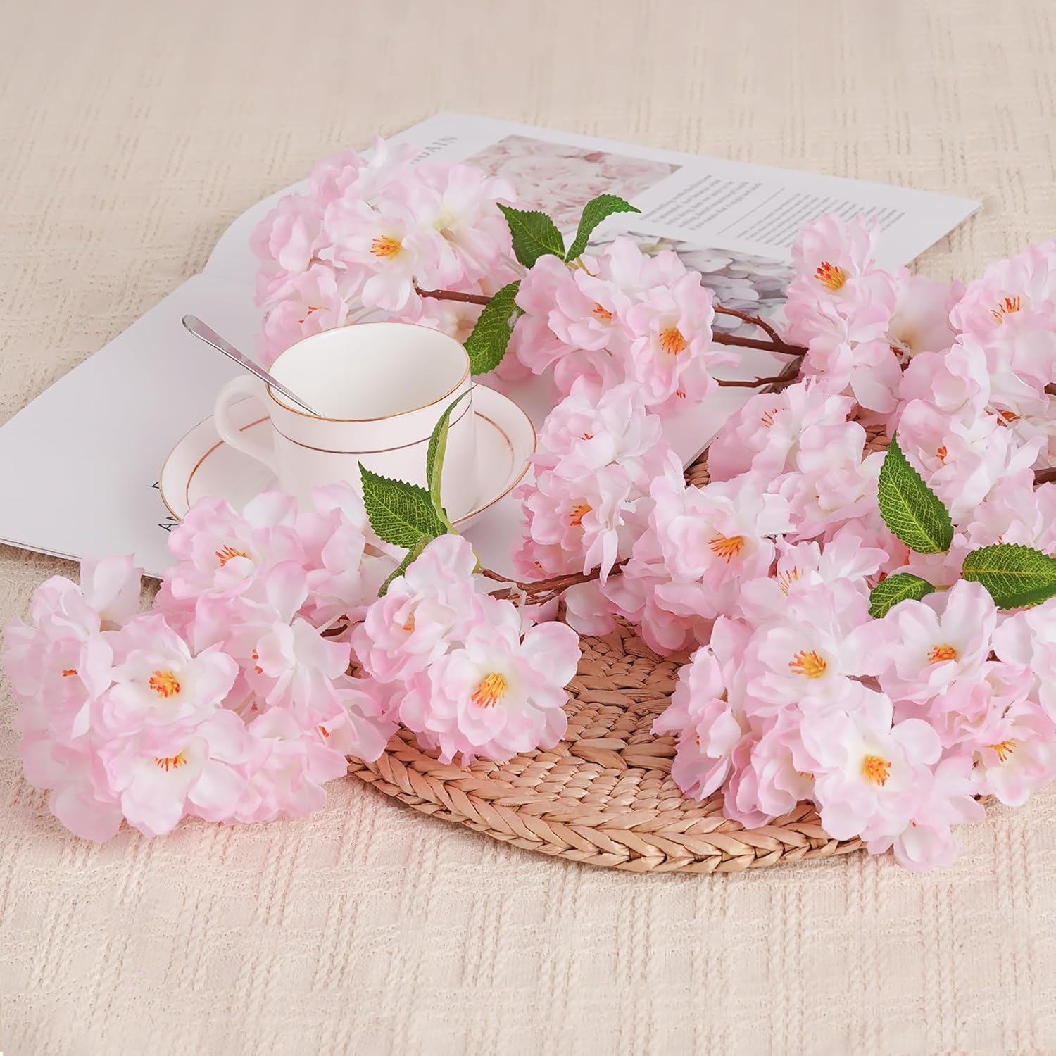 3 Pcs Pink Artificial Cherry Blossom Branches, 40 Inch Realistic Faux Long Stems Cherry Blossom Flowers Vase Arrangements For Wedding, Table Centerpiece, Home Party, Kitchen Decor