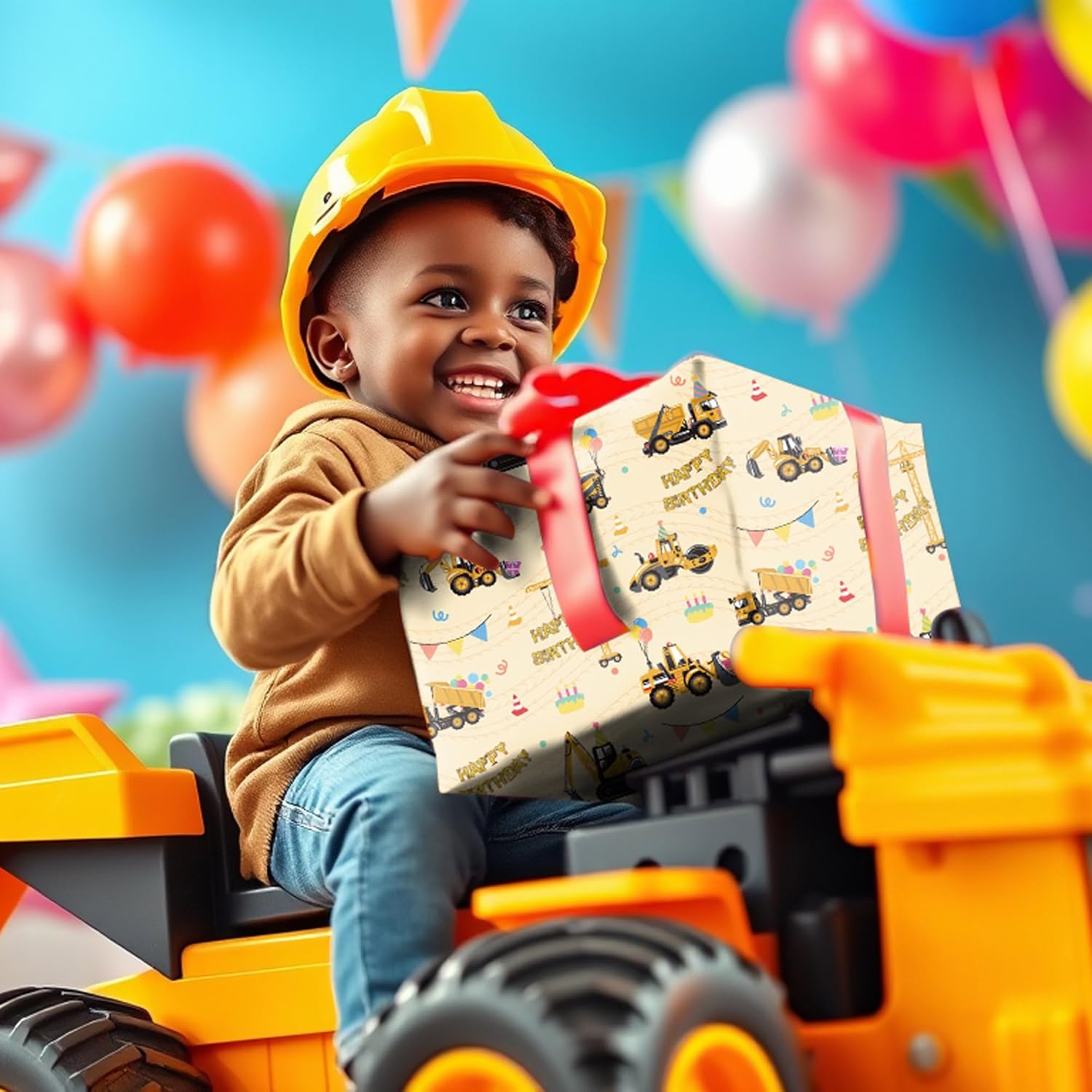 Construction Wrapping Paper For Boys – Yellow Mixer Truck Crane Balloon Gift Wrap For Birthday Party - 4 Folded Sheets 28 X 40 Inch, Easy To Store