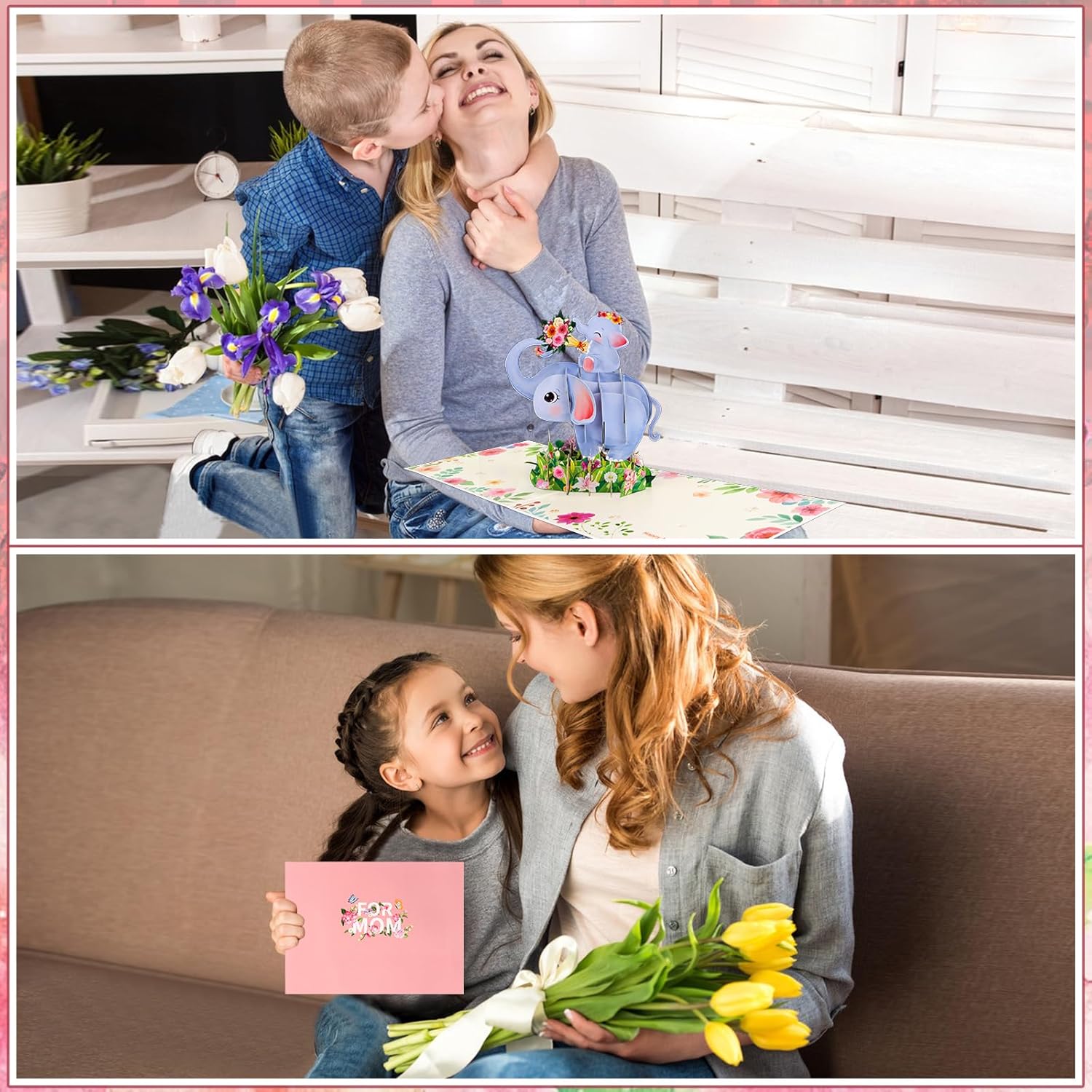 Birthday Card For Mom - 3D Mother Elephant And Baby Greeting Card With Envelope Pop Up 6" X 8" Cute Elephant Bouquet Flowers Design Gifts From Daughter Son For Mothers Day Birthday Christmas