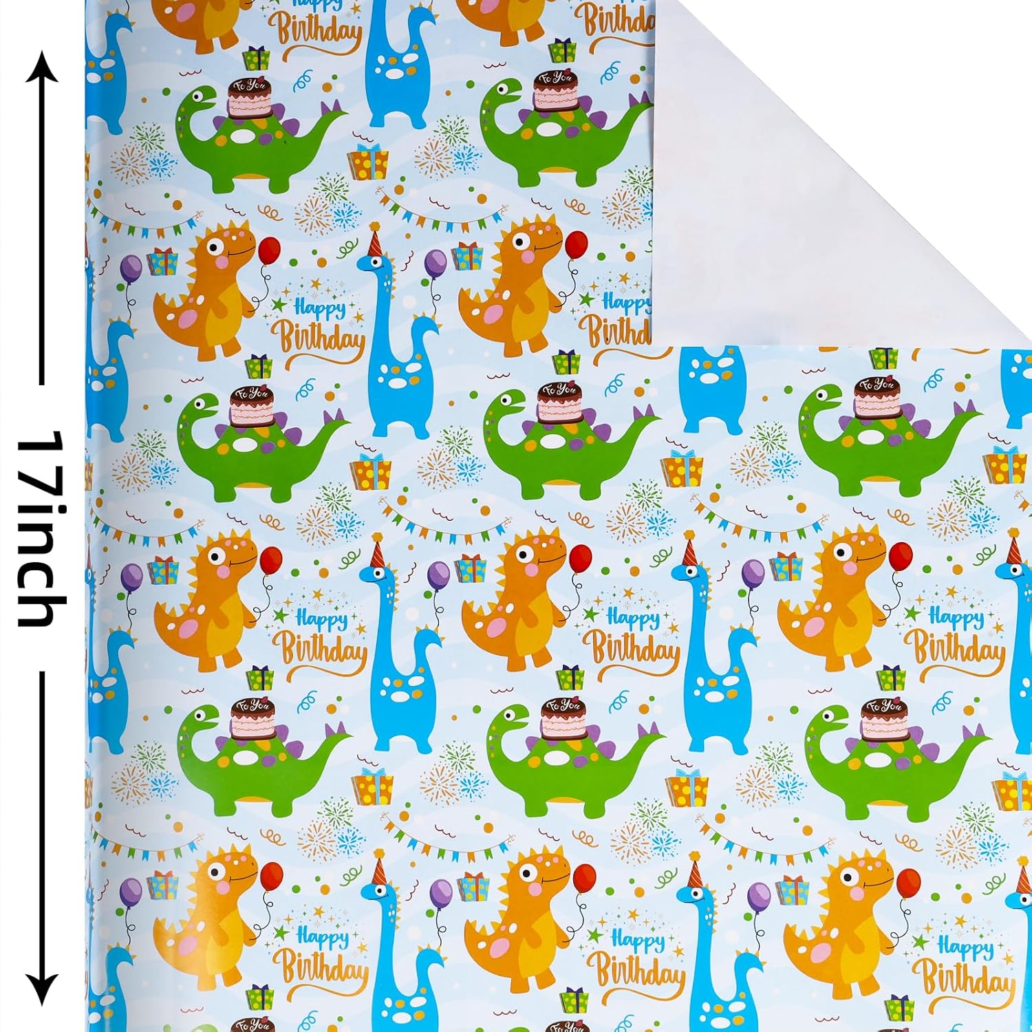 Dinosaur Wrapping Paper Roll 17 Inch X 60 Ft Per Roll, Cute Blue Green Dinosaurs Happy Birthday Wrapping Paper For Boys Kids, Gift Wrap Paper Happy Bday Wrap Dinosaur Parties, Baby Showers