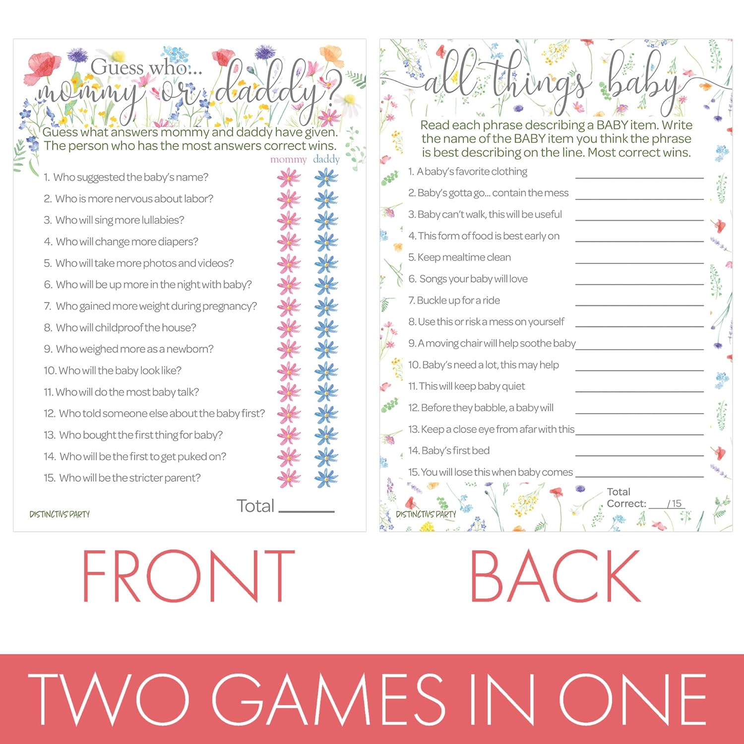 Little Wildflower Baby Shower Games - Guess Who Mommy Or Daddy And All Things Trivia - 20 Dual Sided Cards, Baby In Bloom 2 Game Bundle