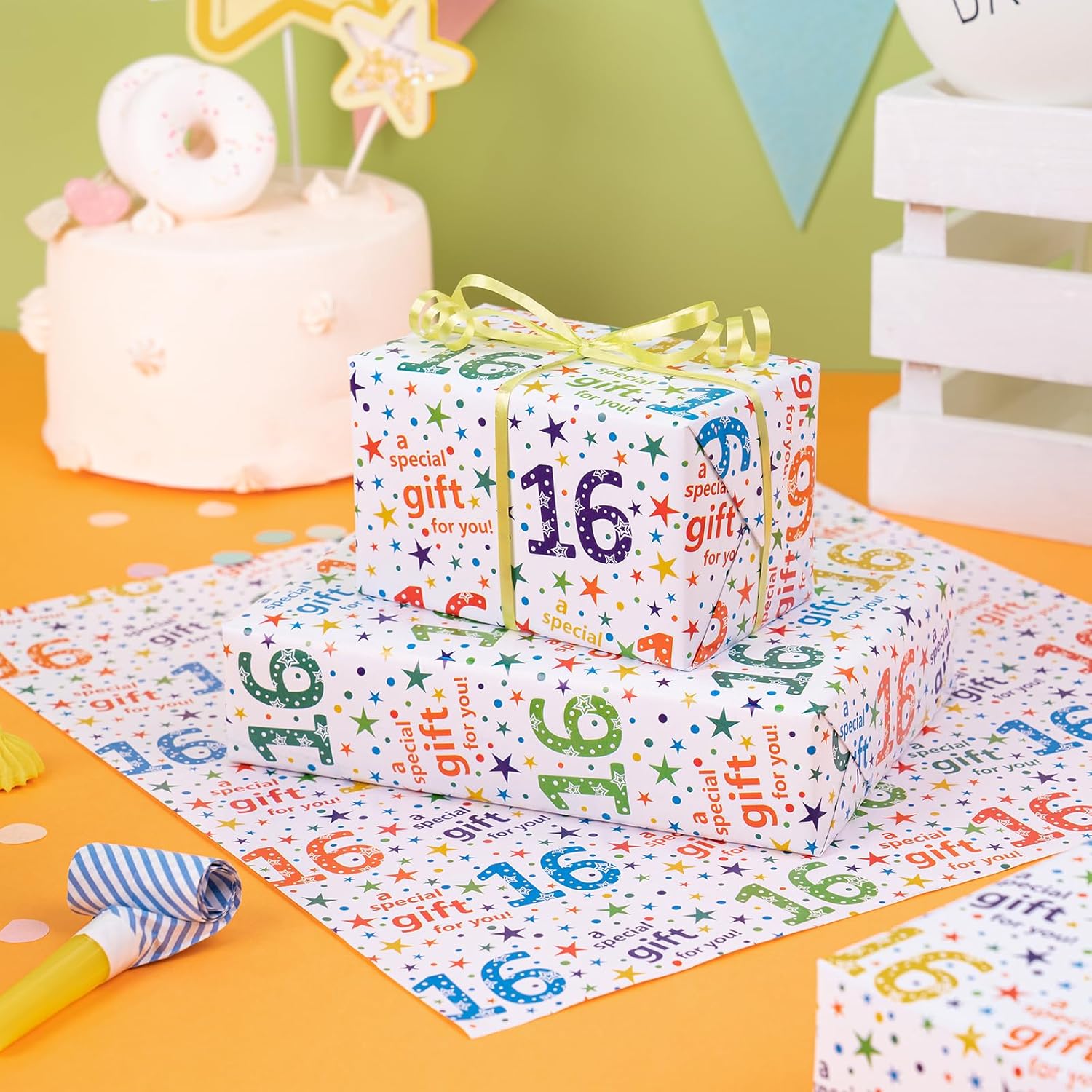 Birthday Wrapping Paper Sheet - 6 Sheets Colorful 16Th Birthday Design Folded Flat For Party, Baby Showers - 19.7 Inch X 27.5 Inch Per Sheet