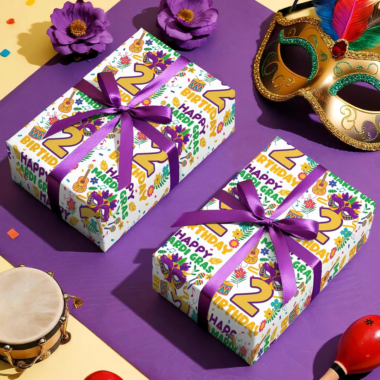 Carnival 2Nd Birthday Wrapping Paper Roll - Mini Roll - 17 Inch X 16.5 Feet - Happy Mardi Gras Wrapping Paper For Kids Boys Girls Birthday, Carnival, Mardi Gras Party