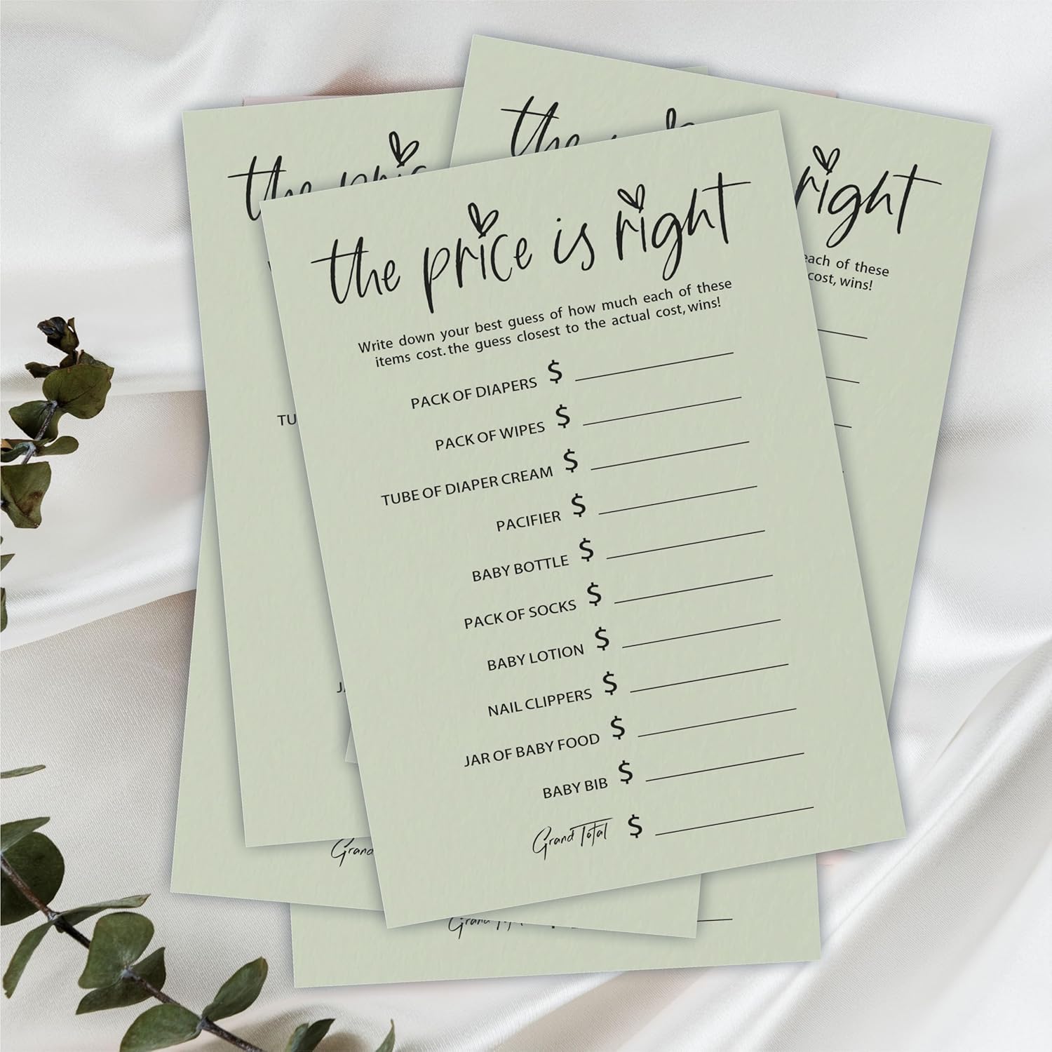 The Price Is Right Baby Shower Game Set - Minimalism Moss Green - 30 Double-Sided Fill In Style Game Cards, Gender Reveal, Baby Announcement, Party Favor & Supplies - A10