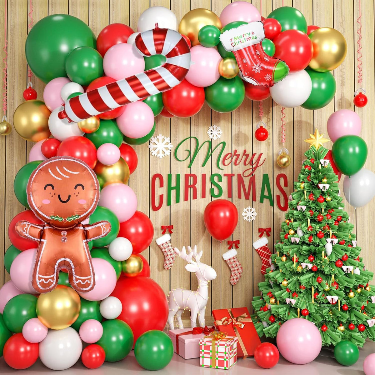 Christmas Balloons Arch, Pink Green Red Christmas Balloons, 5 10 18 Inch Green Pink Gold Christmas Balloon Garland Kit With Cane Gingerbread Man Christmas Socks Foil Balloons For Christmas Party