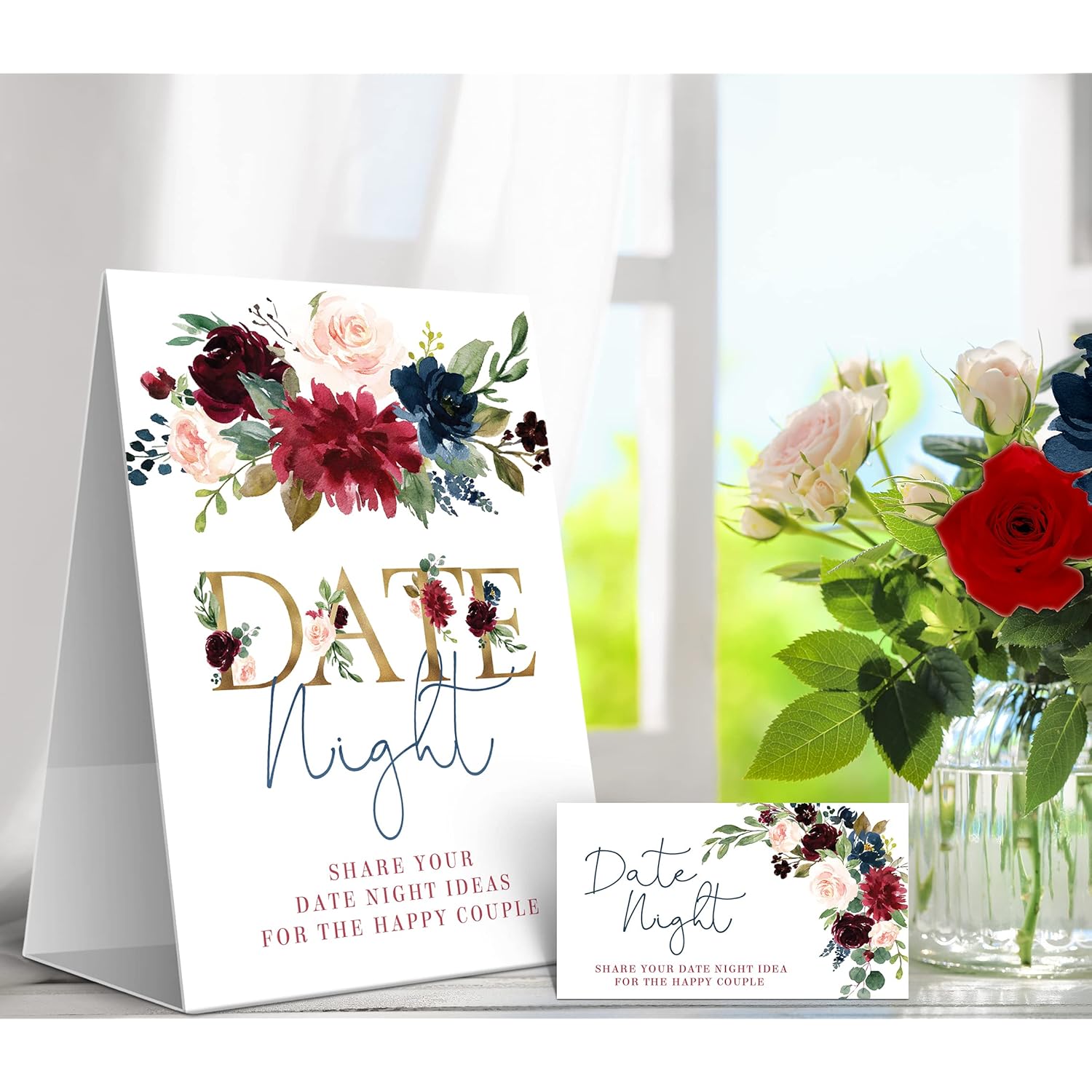 Burgundy And Navy Floral Date Night Game Sign And Cards - Great For Bridal Showers And Weddings - 1 Self-Standing Sign And 50 Guessing Cards