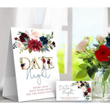 Burgundy And Navy Floral Date Night Game Sign And Cards - Great For Bridal Showers And Weddings - 1 Self-Standing Sign And 50 Guessing Cards