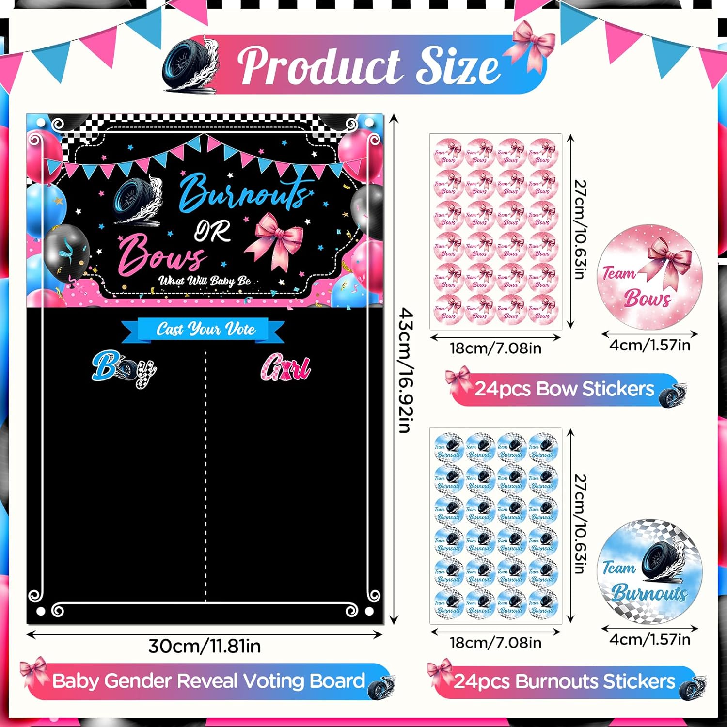 49Pcs Gender Reveal Party Games, Burnouts Or Bows Theme Baby Gender Reveal Voting Board Sign,Boys Girls Burnouts Or Bows Voting Stickers, He Or She, Decorations For Boy Or Girl Baby Shower