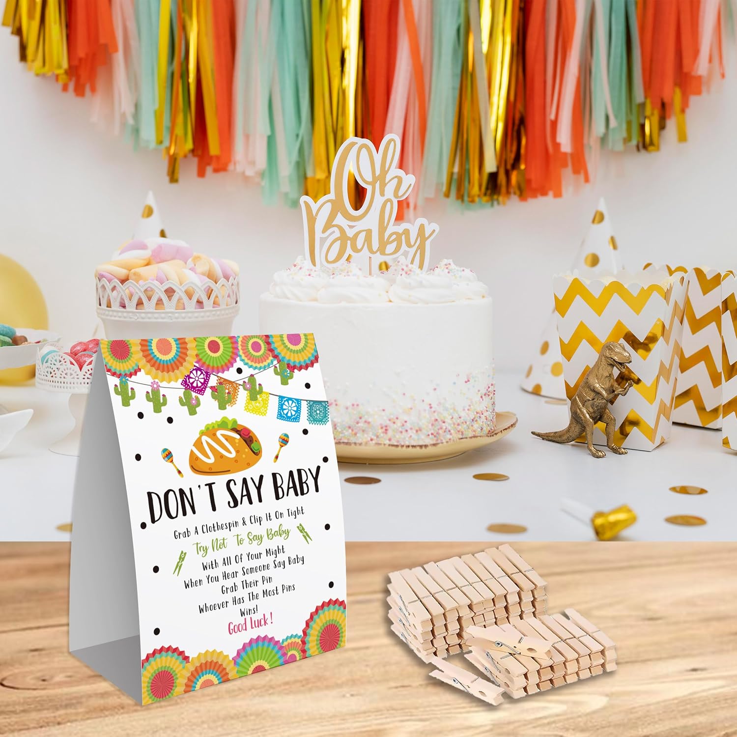 Don'T Say Baby Game For Baby Shower, 50 Wooden Clothespins And One Sign, Fiesta Taco Theme, Pins For Baby Shower Decorations, Gender Reveal Games, Baby Shower Supplies-Bb16