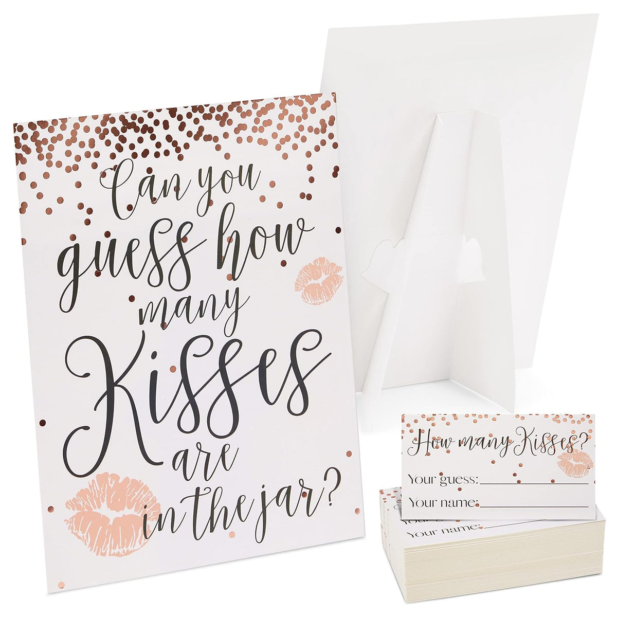 Bridal Shower Games Guess How Many Kisses Challenge - 11 X 8.5 In Sign & 60 Cards, Pink Polka Dots - Engagement Games