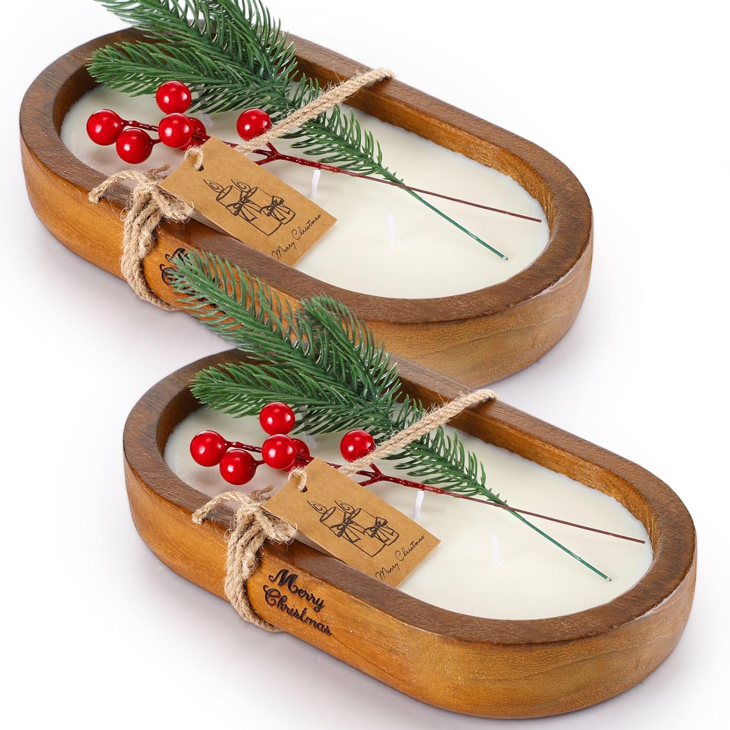 2 Pack Dough Bowl Christmas Candle Wood Candle 9.4 X 5.7 X 1.8 Inch Scented Candles For Home Wooden Candle Bowl 3 Wick Decorative Candles For Home Decor Farmhouse Gift For Christmas