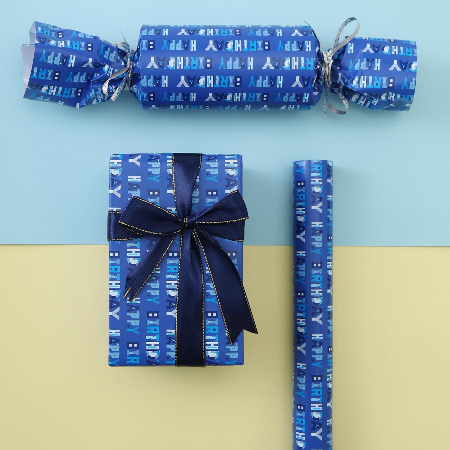 Birthday Wrapping Paper Roll-17 Inches X 32.8 Feet, Blue Happy Birthday Design, 1 Roll